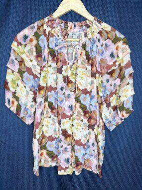 Rails Paris Painted Floral Peasant Blouse, SMALL Balloon Sleeves Elevate Boho